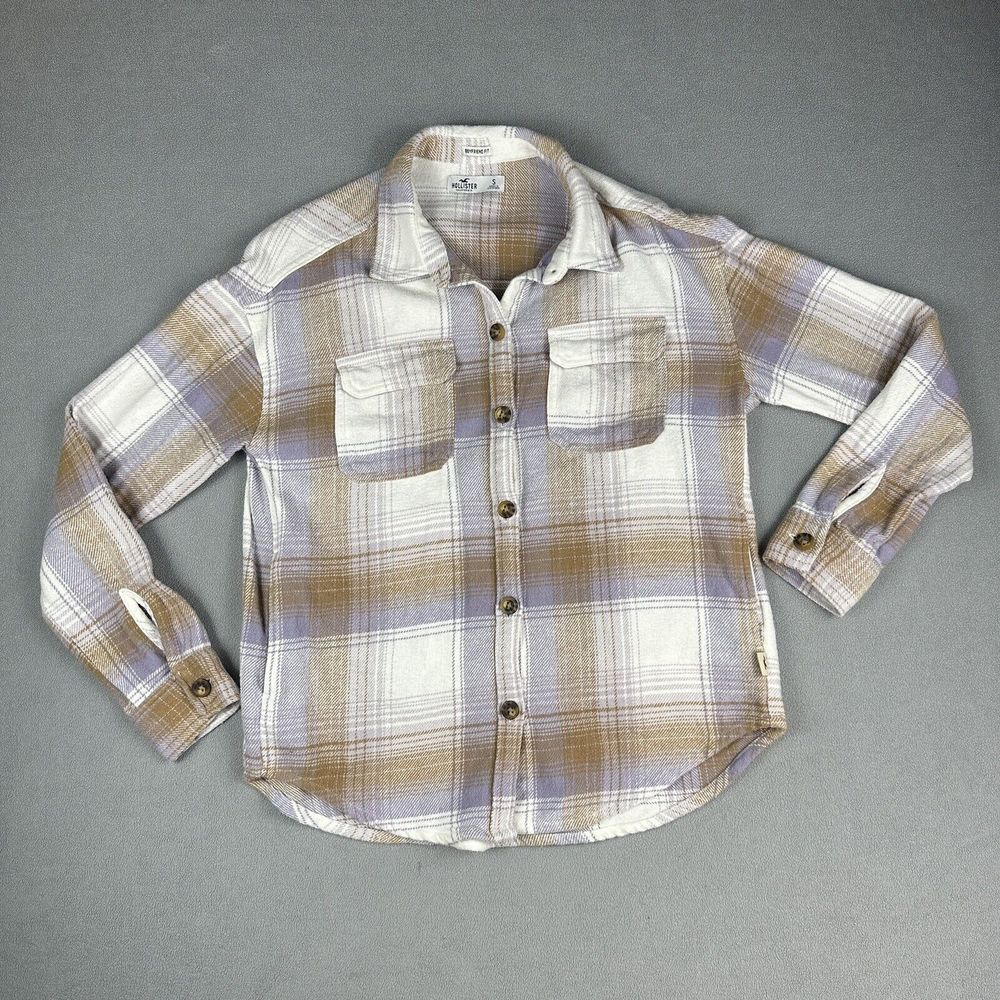 Hollister Shacket Womens S Plaid Flannel Button Up Shirt Boyfriend Fit Pockets